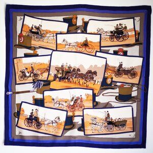 Hermes Mail Coach (Les Attelages) 1984 Vintage Silk Carre Scarf in Blue 36”/90cm